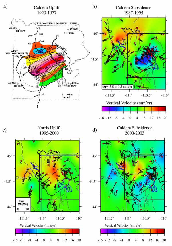 Fig. 6. Crustal deformation of the Yellowstone Plateau from precise leveling and GPS observations.